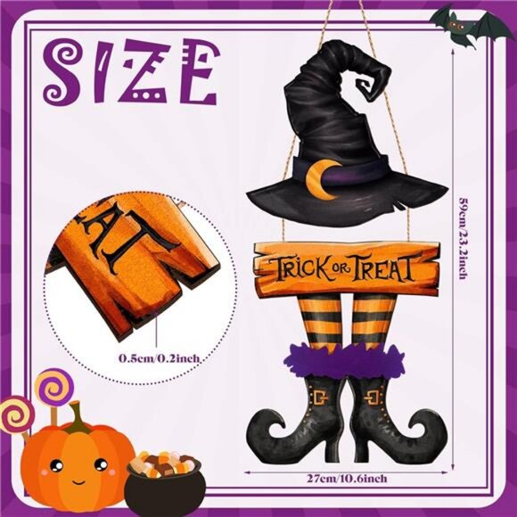 Halloween Door Sign Witch Wreath Decorations Trick or Treat Wooden Hanging Decor - Picture 3 of 7
